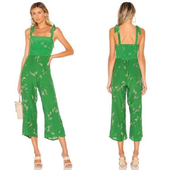 Faithfull The Brand Size L Green Floral Elsa Tie Shoulder Wide Leg Jumpsuit